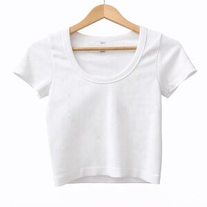 Justify White Ribbed Crop Top Small | Fitted Short Sleeve Scoop Neck